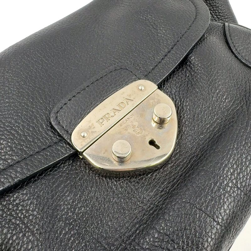 Prada Triangle Logo Plate One Shoulder Leather Black Handbag Silver