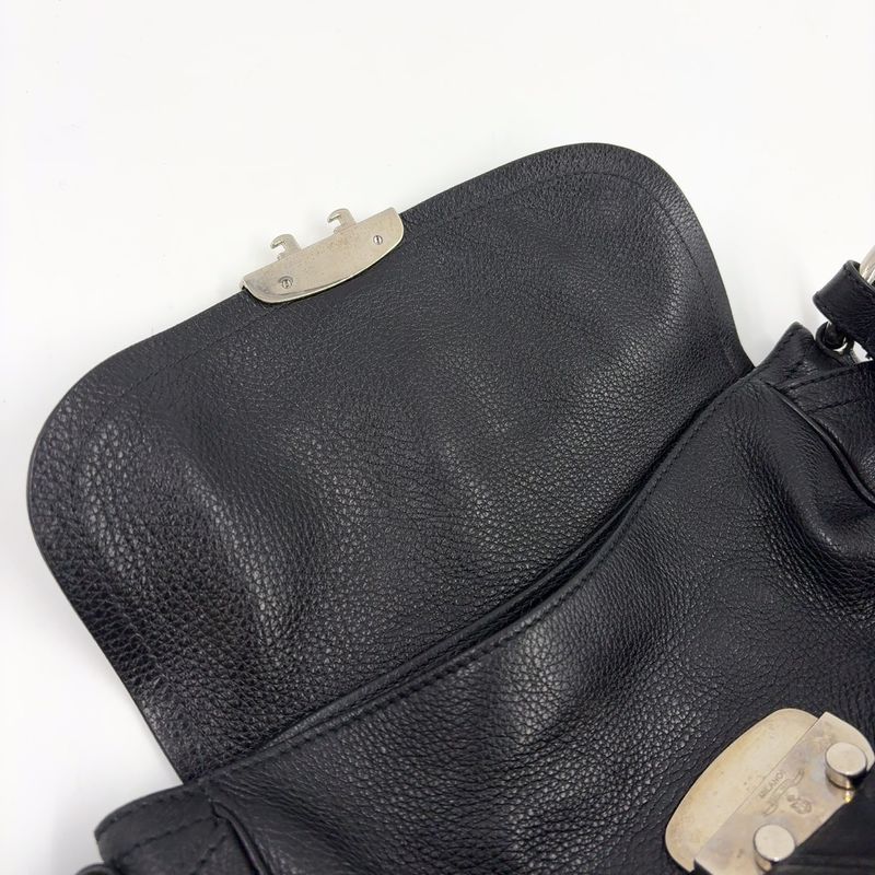 Prada Triangle Logo Plate One Shoulder Leather Black Handbag Silver