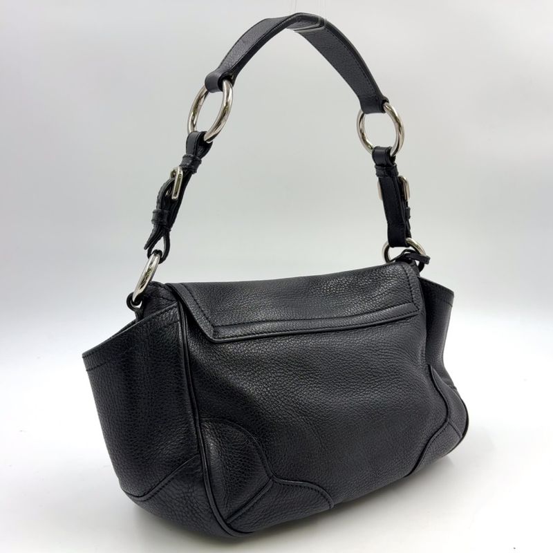 Prada Triangle Logo Plate One Shoulder Leather Black Handbag Silver