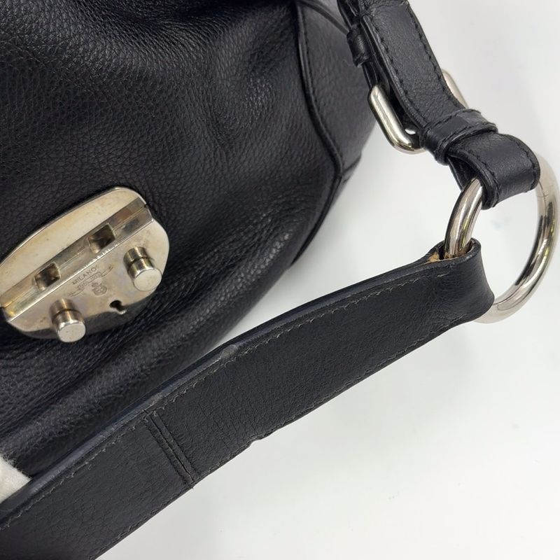 Prada Triangle Logo Plate One Shoulder Leather Black Handbag Silver