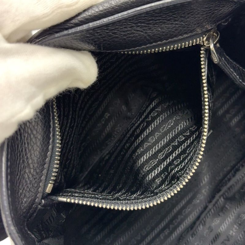 Prada Triangle Logo Plate One Shoulder Leather Black Handbag Silver