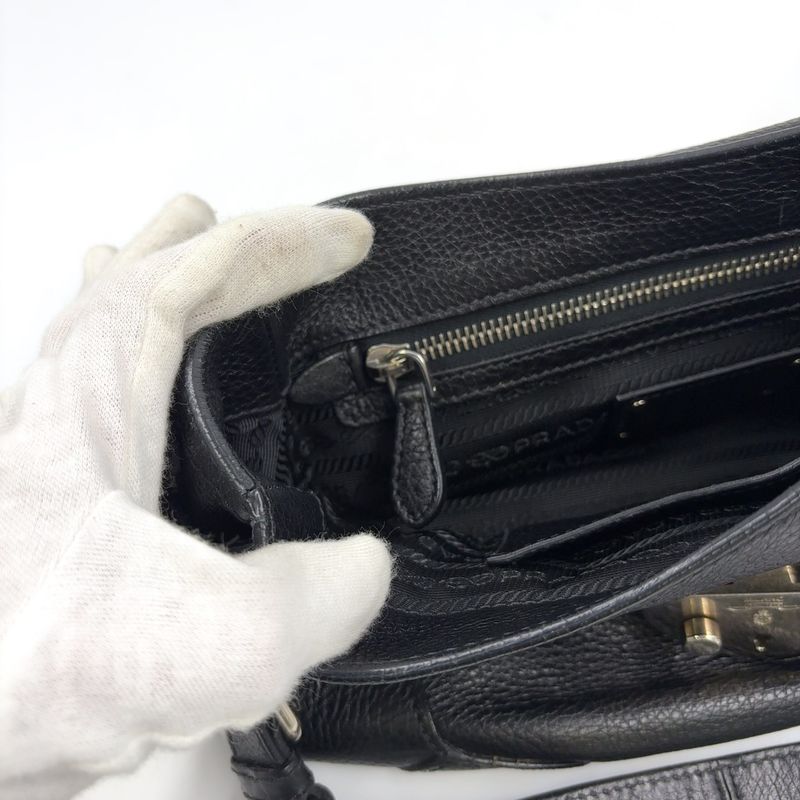 Prada Triangle Logo Plate One Shoulder Leather Black Handbag Silver