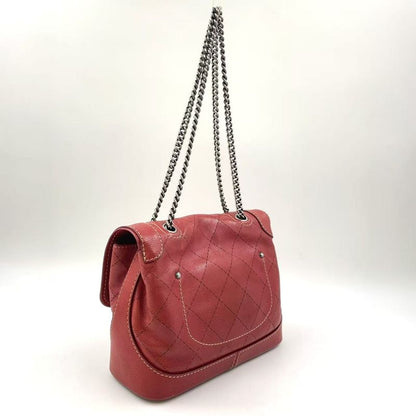 Chanel Matelasse Double Chain Serial No 17 Caviar Skin Red Shoulder Bag Silver