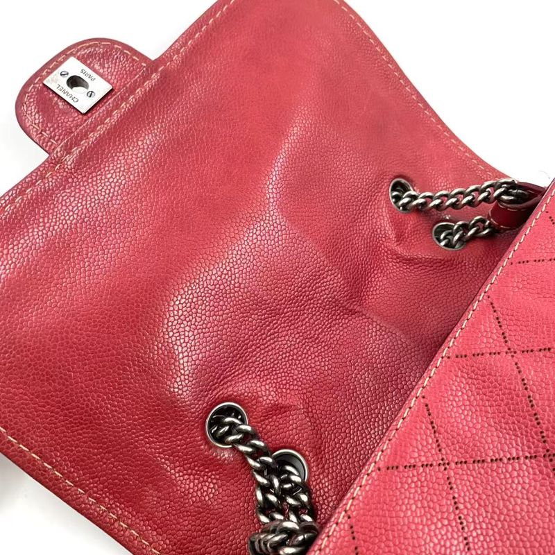 Chanel Matelasse Double Chain Serial No 17 Caviar Skin Red Shoulder Bag Silver