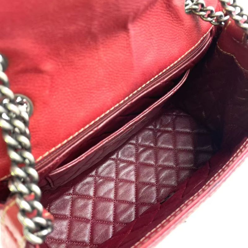 Chanel Matelasse Double Chain Serial No 17 Caviar Skin Red Shoulder Bag Silver
