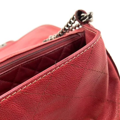 Chanel Matelasse Double Chain Serial No 17 Caviar Skin Red Shoulder Bag Silver