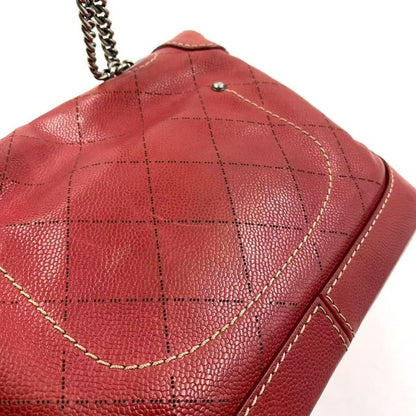 Chanel Matelasse Double Chain Serial No 17 Caviar Skin Red Shoulder Bag Silver