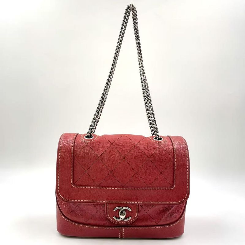 Chanel Matelasse Double Chain Serial No 17 Caviar Skin Red Shoulder Bag Silver