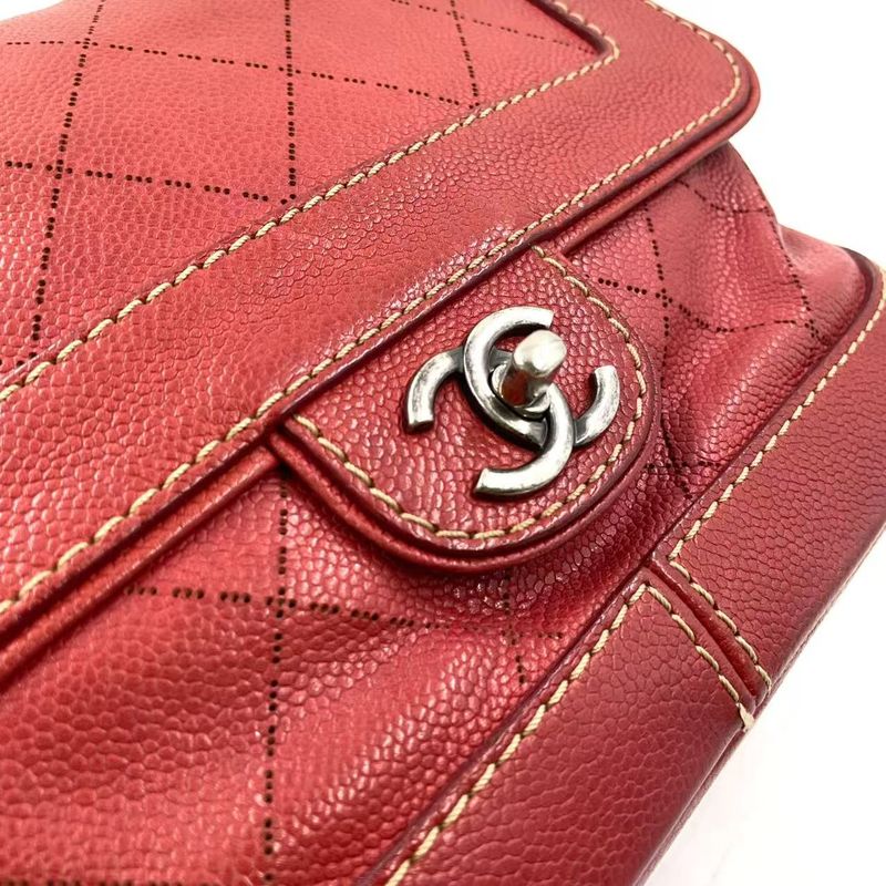 Chanel Matelasse Double Chain Serial No 17 Caviar Skin Red Shoulder Bag Silver