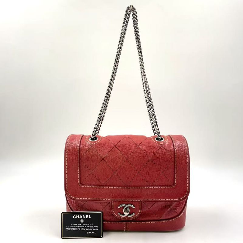 Chanel Matelasse Double Chain Serial No 17 Caviar Skin Red Shoulder Bag Silver