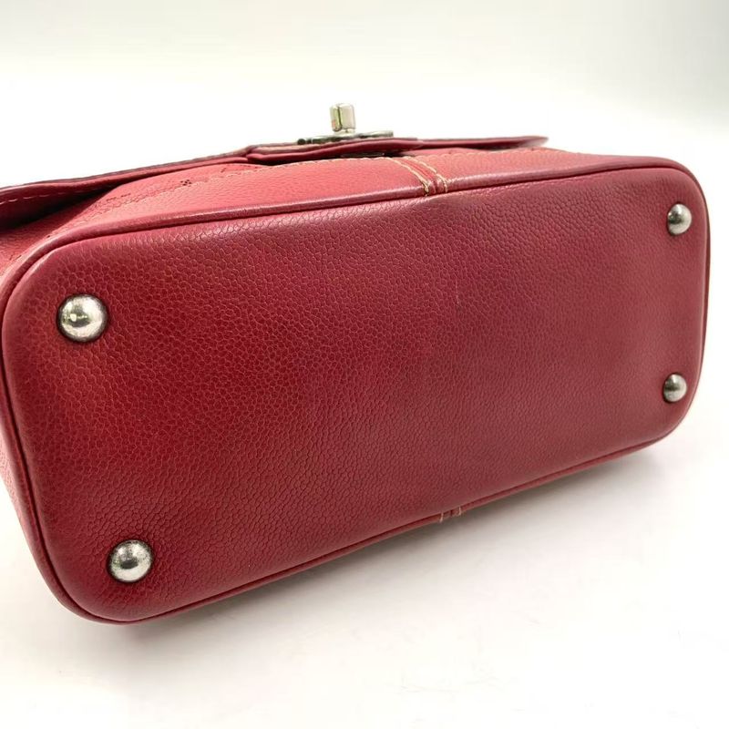 Chanel Matelasse Double Chain Serial No 17 Caviar Skin Red Shoulder Bag Silver