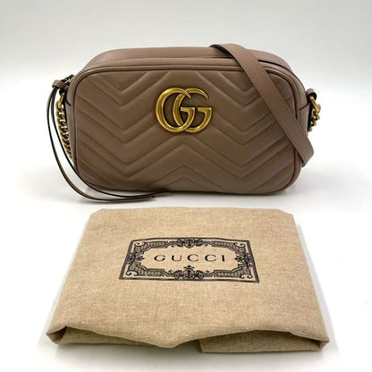 Gucci GG Marmont Quilted Small Chain Leather Beige Shoulder Bag Gold 447632