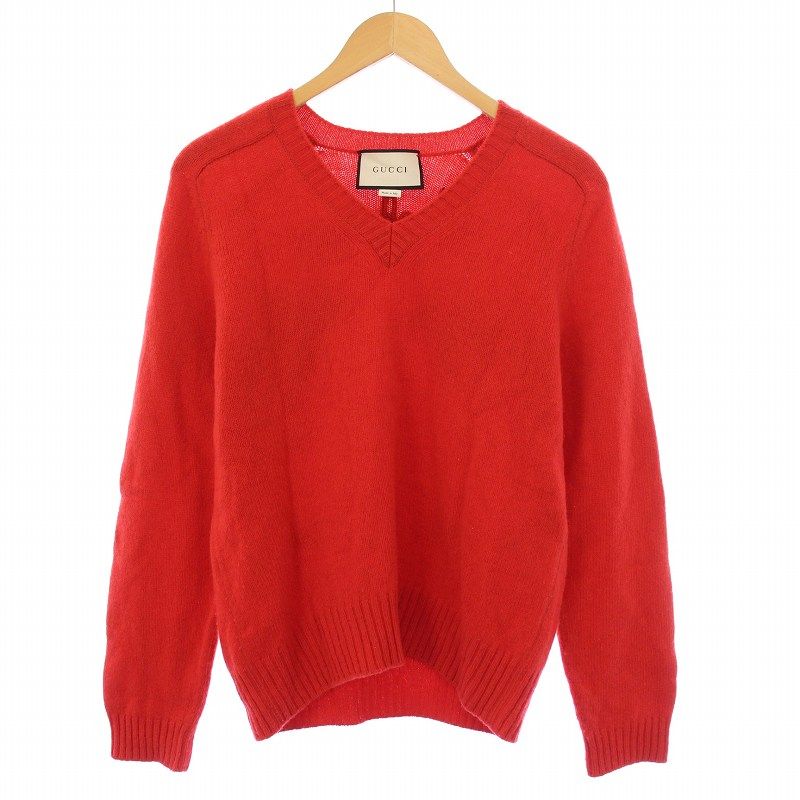Gucci Knit Sweater Long Sleeves V-neck Logo Embroidery Wool Cashmere Blend Red