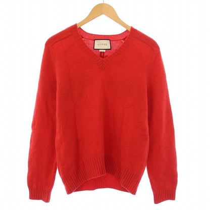 Gucci Knit Sweater Long Sleeves V-neck Logo Embroidery Wool Cashmere Blend Red