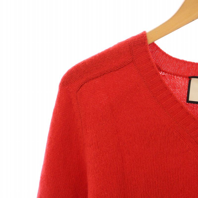 Gucci Knit Sweater Long Sleeves V-neck Logo Embroidery Wool Cashmere Blend Red