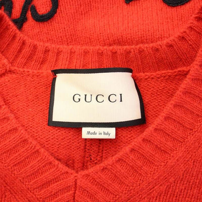 Gucci Knit Sweater Long Sleeves V-neck Logo Embroidery Wool Cashmere Blend Red