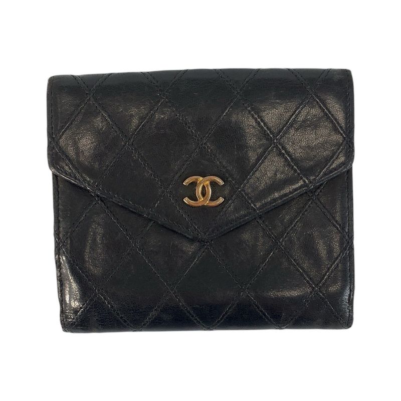 Chanel Bicolore Coco Mark Black Gold Hardware Lambskin Fold Wallet Compact