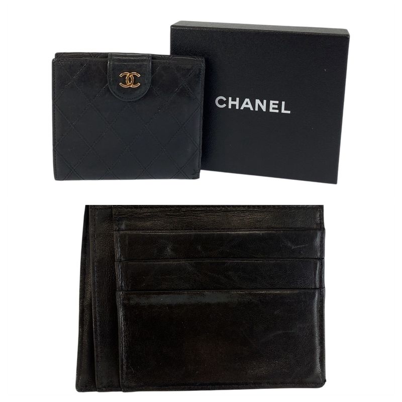 Chanel Bicolore Coco Mark Black Gold Hardware Lambskin Fold Wallet Compact