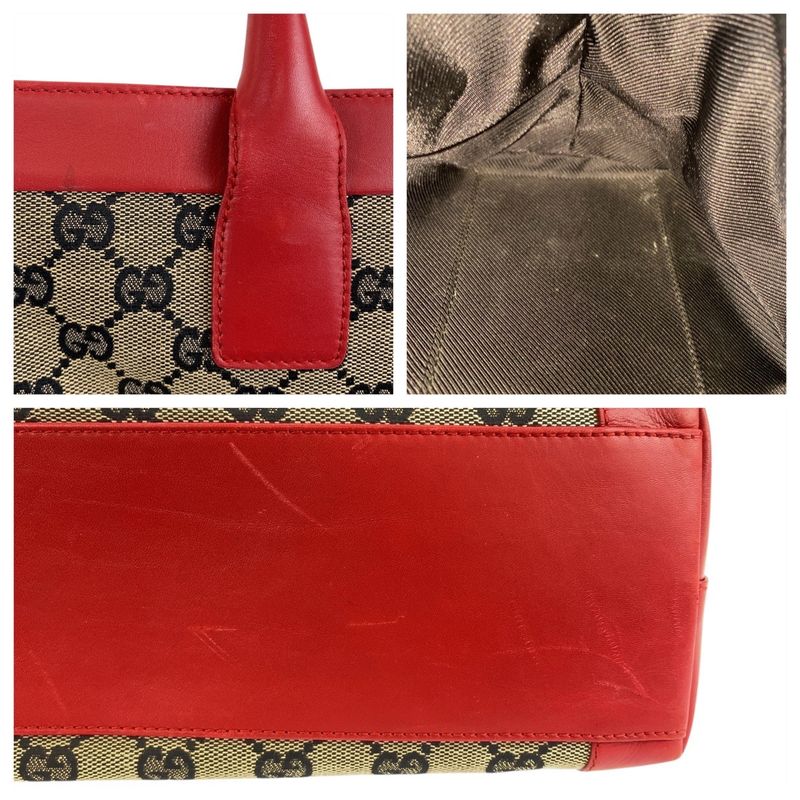 Gucci Red Beige Navy Silver Hardware GG Canvas/leather 002119 Tote Handbag