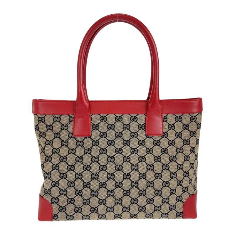 Gucci Red Beige Navy Silver Hardware GG Canvas/leather 002119 Tote Handbag