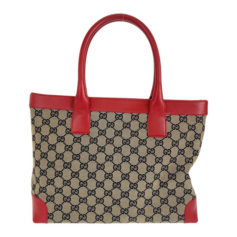 Gucci Red Beige Navy Silver Hardware GG Canvas/leather 002119 Tote Handbag