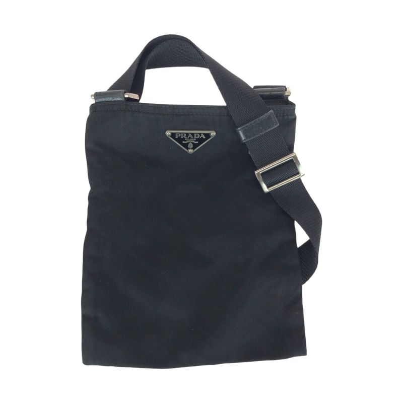 Prada Tessuto Triangle Logo Plate Black Silver Hardware Nylon Shoulder Bag
