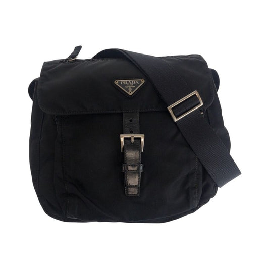 Prada Tessuto Triangle Logo Plate Black Silver Hardware Shoulder Bag Messenger