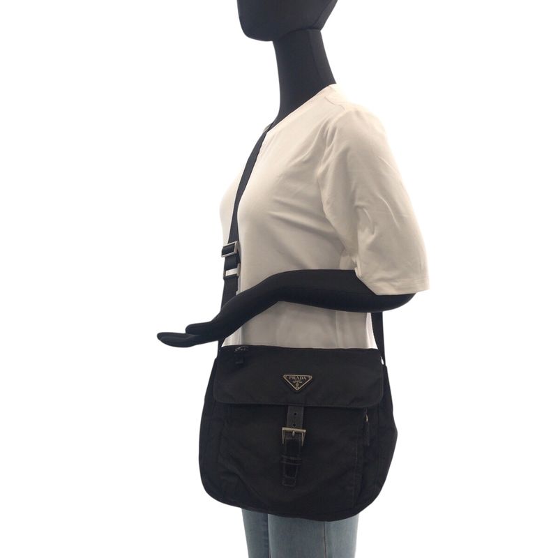 Prada Tessuto Triangle Logo Plate Black Silver Hardware Shoulder Bag Messenger
