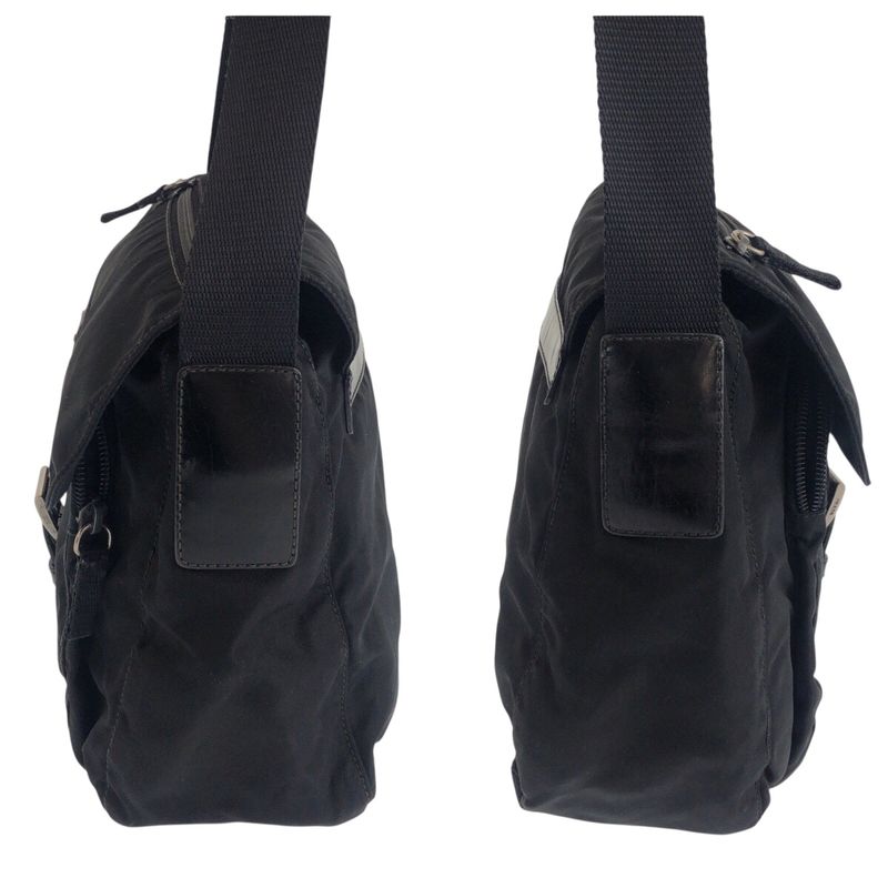 Prada Tessuto Triangle Logo Plate Black Silver Hardware Shoulder Bag Messenger