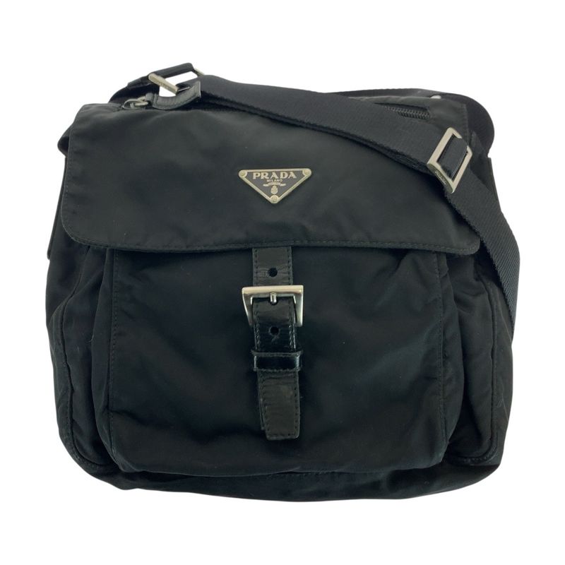 Prada Tessuto Triangle Logo Plate Black Silver Hardware Nylon/leather Shoulder