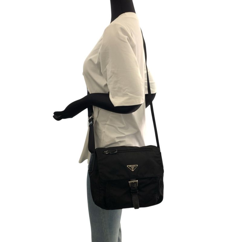 Prada Tessuto Triangle Logo Plate Black Silver Hardware Nylon/leather Shoulder