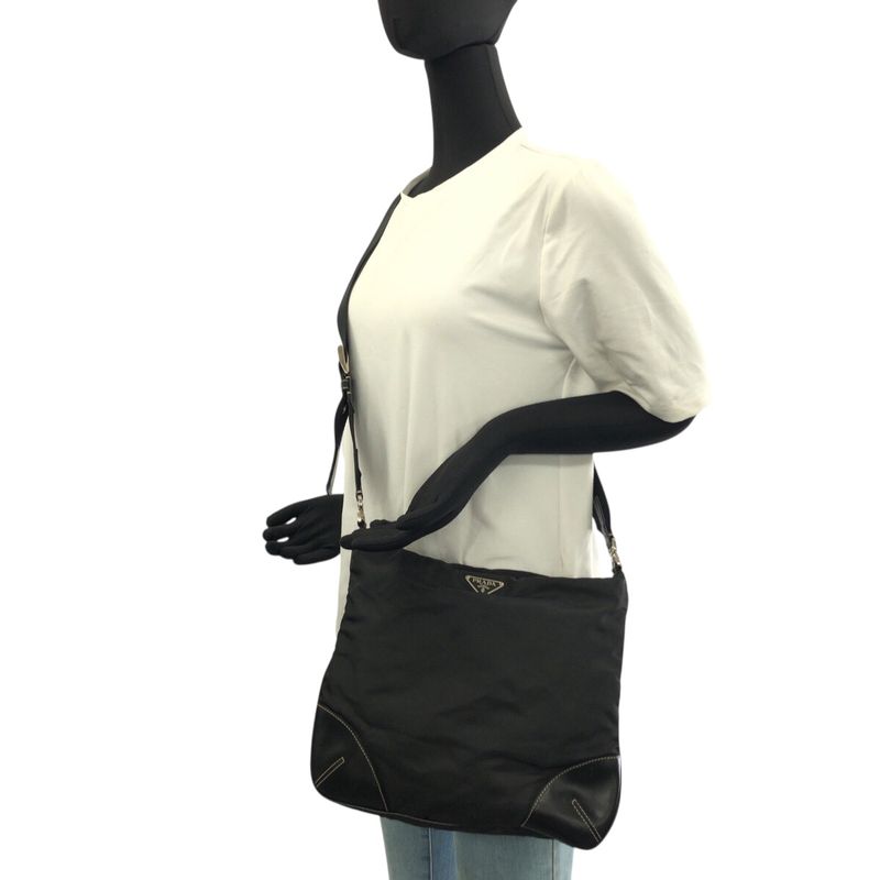 Prada Tessuto Triangle Logo Plate Black Silver Hardware Nylon/leather Shoulder