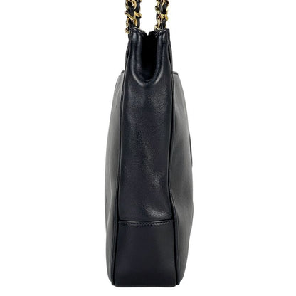 Chanel Coco Mark Chain Tote Shoulder Bag Tote Leather Navy Women's