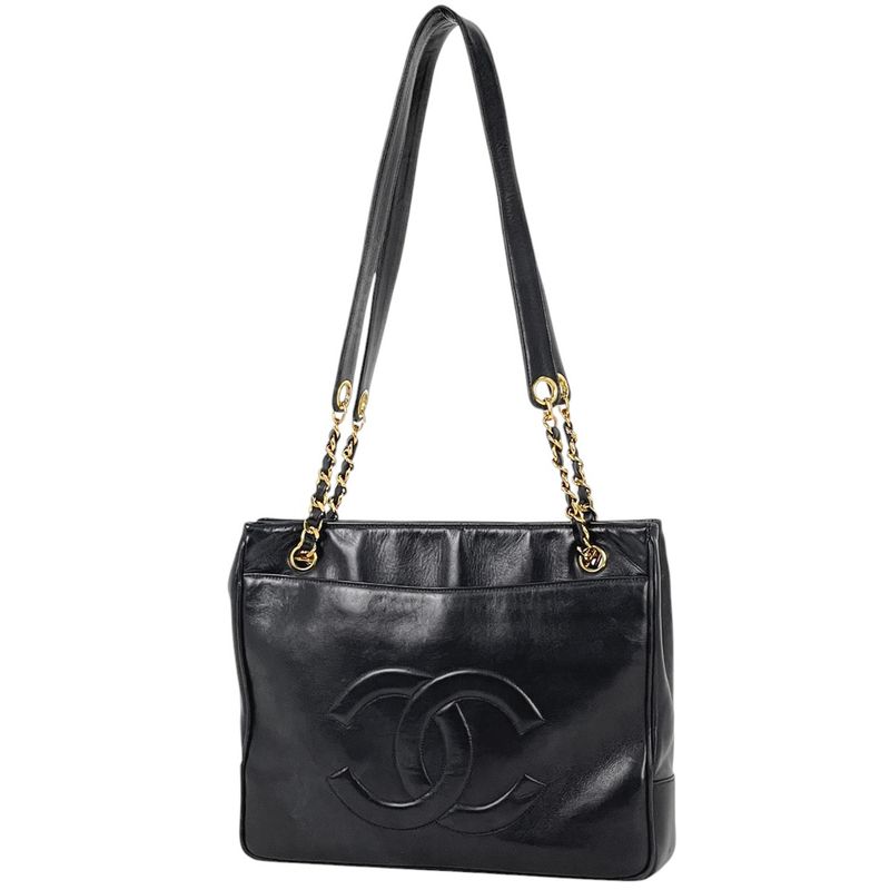 Chanel Coco Mark Chain Tote Shoulder Bag Tote Leather Navy Women's