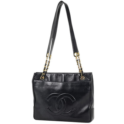 Chanel Coco Mark Chain Tote Shoulder Bag Tote Leather Navy Women's