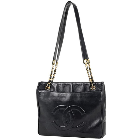 Chanel Coco Mark Chain Tote Shoulder Bag Tote Leather Navy Women's