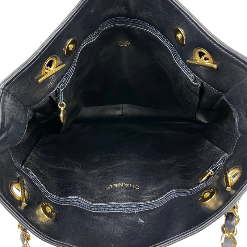 Chanel Coco Mark Chain Tote Shoulder Bag Tote Leather Navy Women's