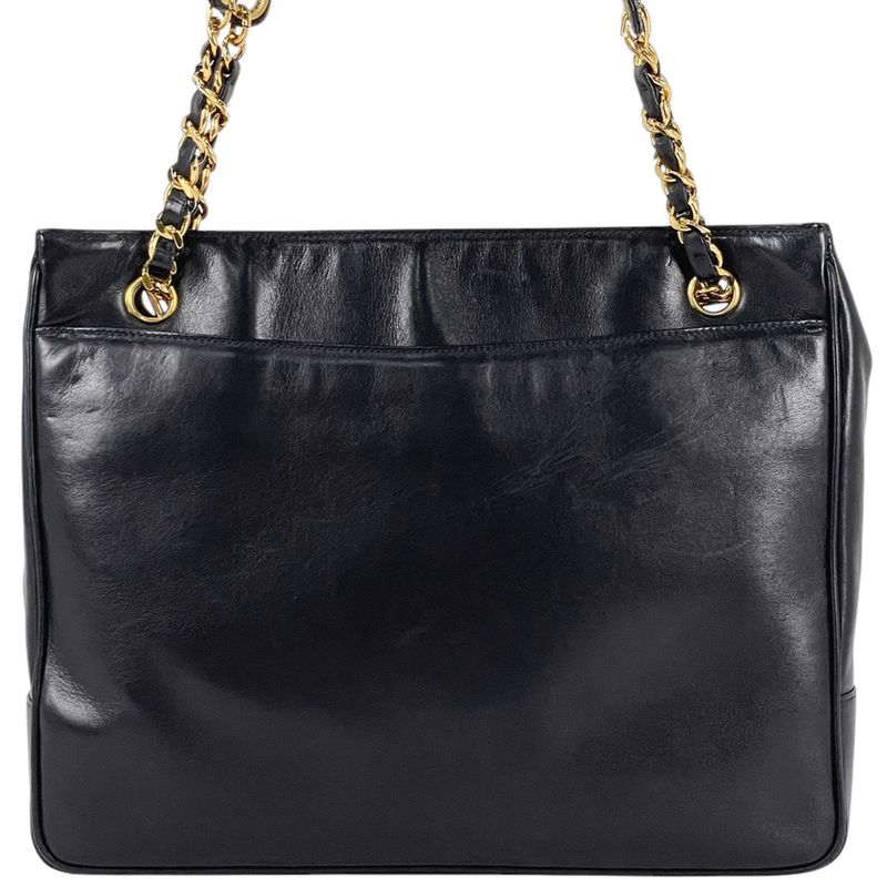 Chanel Coco Mark Chain Tote Shoulder Bag Tote Leather Navy Women's