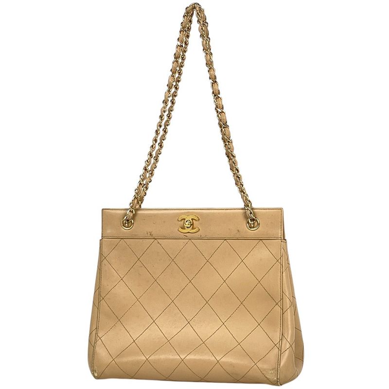 Chanel Coco Mark Chain Tote Matelasse Shoulder Bag Tote Leather Beige Women