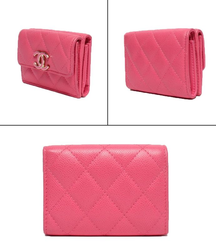 Chanel Trifold Wallet Caviar Skin Gold Hardware Matelasse Women Chanel