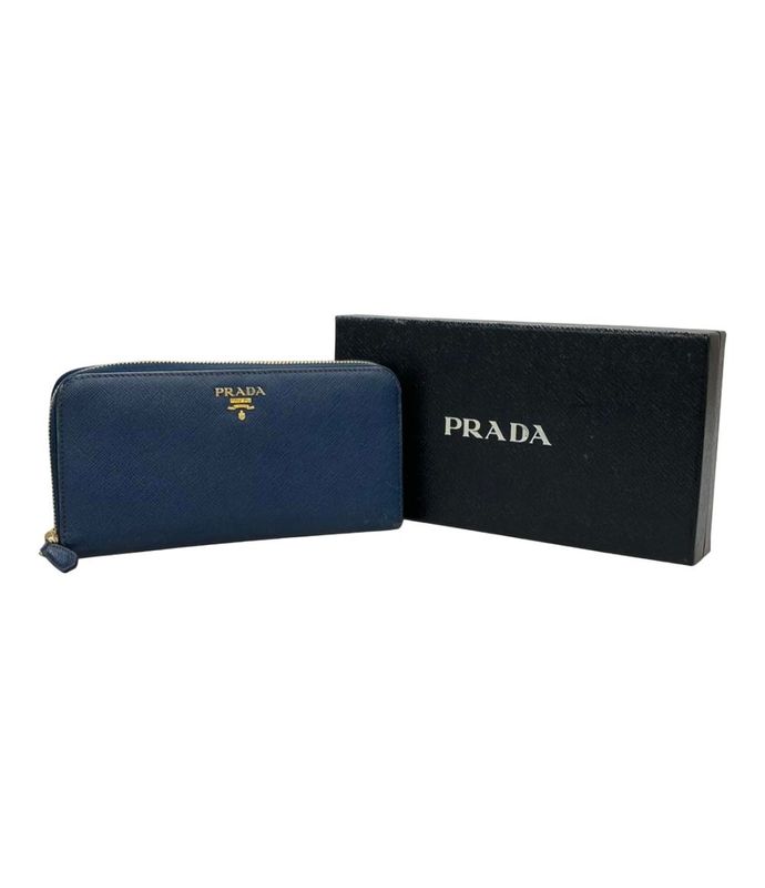 Prada Round Zipper Long Wallet Saffiano Leather With Flower Pattern Inside