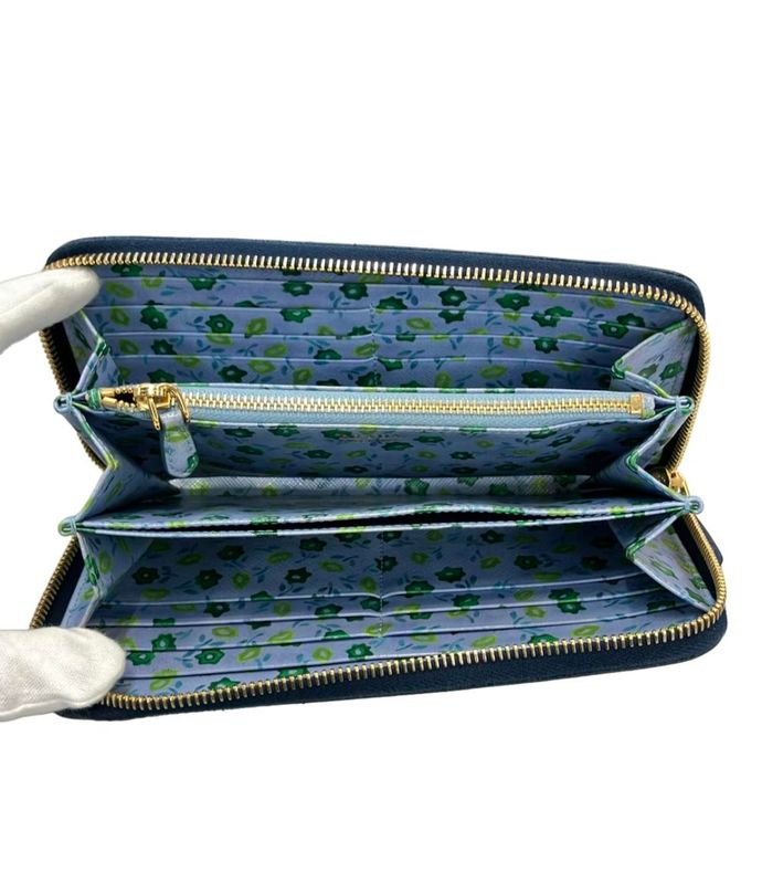 Prada Round Zipper Long Wallet Saffiano Leather With Flower Pattern Inside