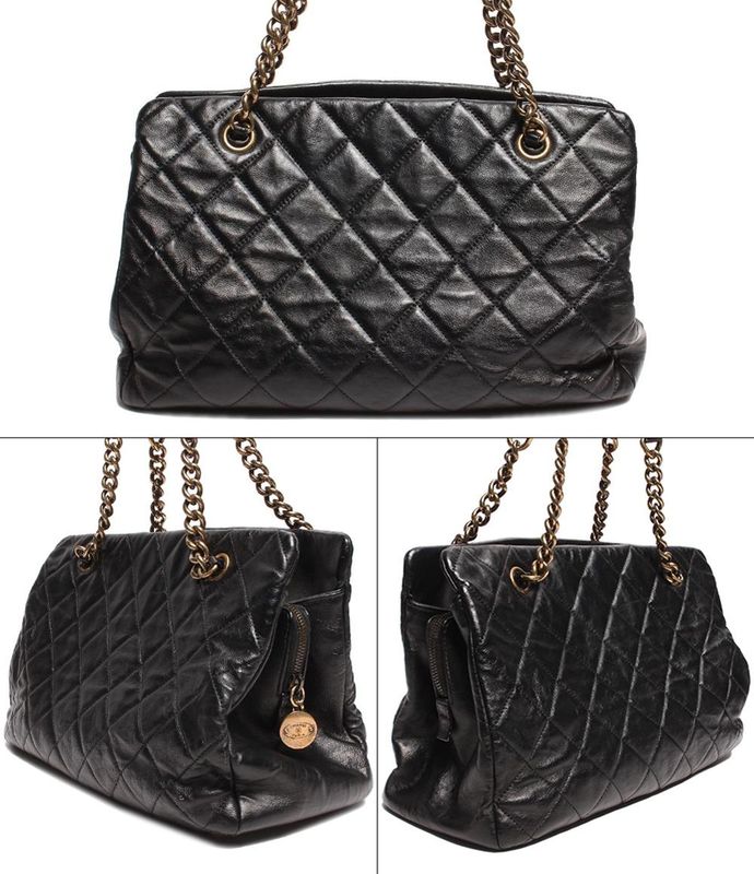 Chanel Double Chain Leather Shoulder Bag Coco Mark Gold Hardware Women Chanel