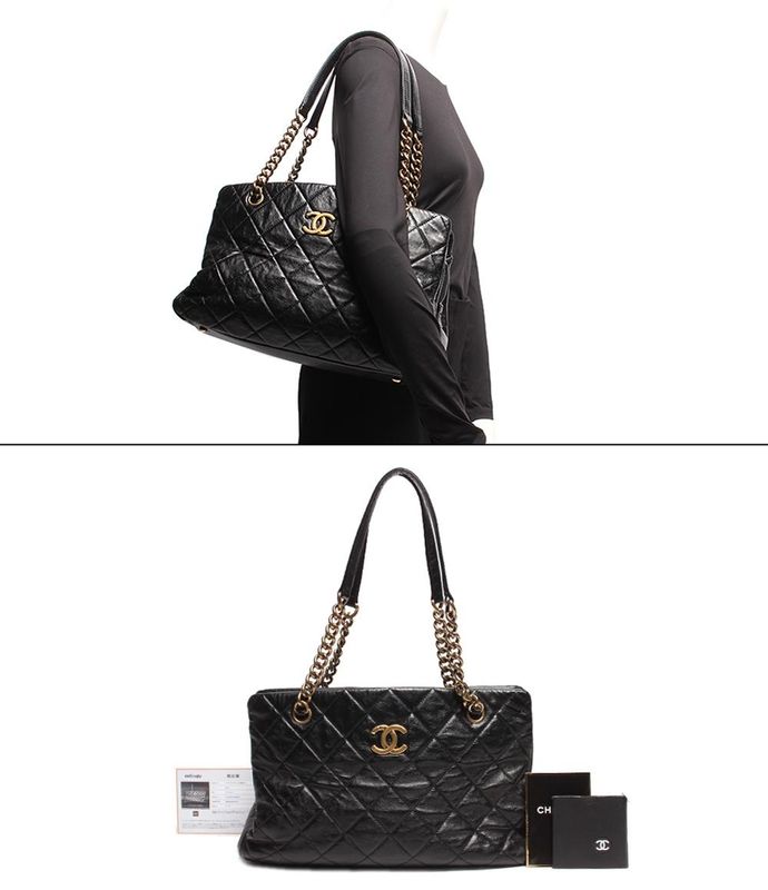 Chanel Double Chain Leather Shoulder Bag Coco Mark Gold Hardware Women Chanel