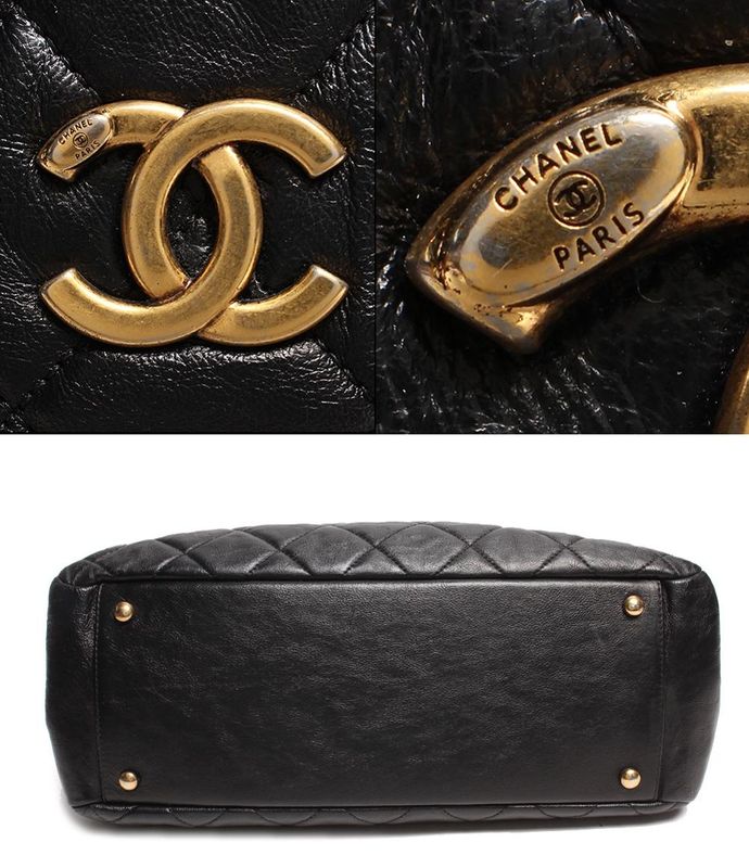 Chanel Double Chain Leather Shoulder Bag Coco Mark Gold Hardware Women Chanel