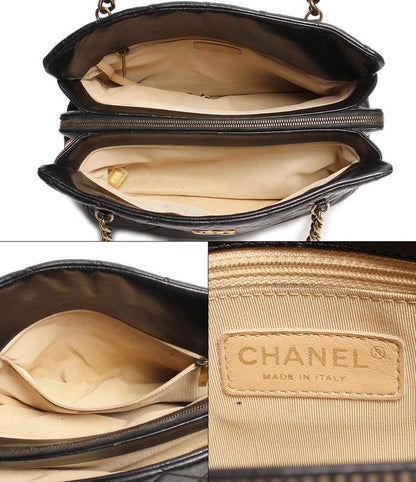 Chanel Double Chain Leather Shoulder Bag Coco Mark Gold Hardware Women Chanel
