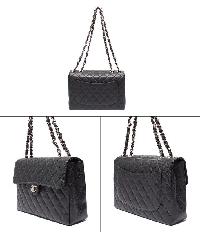 Chanel Shoulder Bag Single Flap Double Chain Silver Hardware Caviar Skin Deka