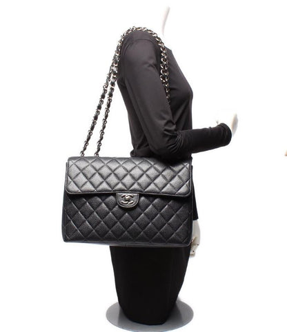 Chanel Shoulder Bag Single Flap Double Chain Silver Hardware Caviar Skin Deka