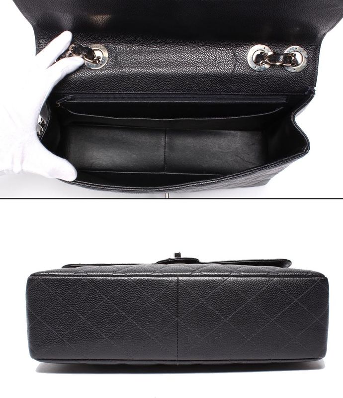 Chanel Shoulder Bag Single Flap Double Chain Silver Hardware Caviar Skin Deka