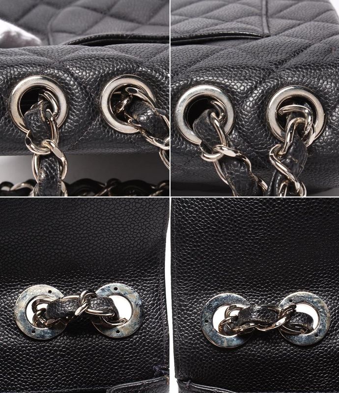 Chanel Shoulder Bag Single Flap Double Chain Silver Hardware Caviar Skin Deka